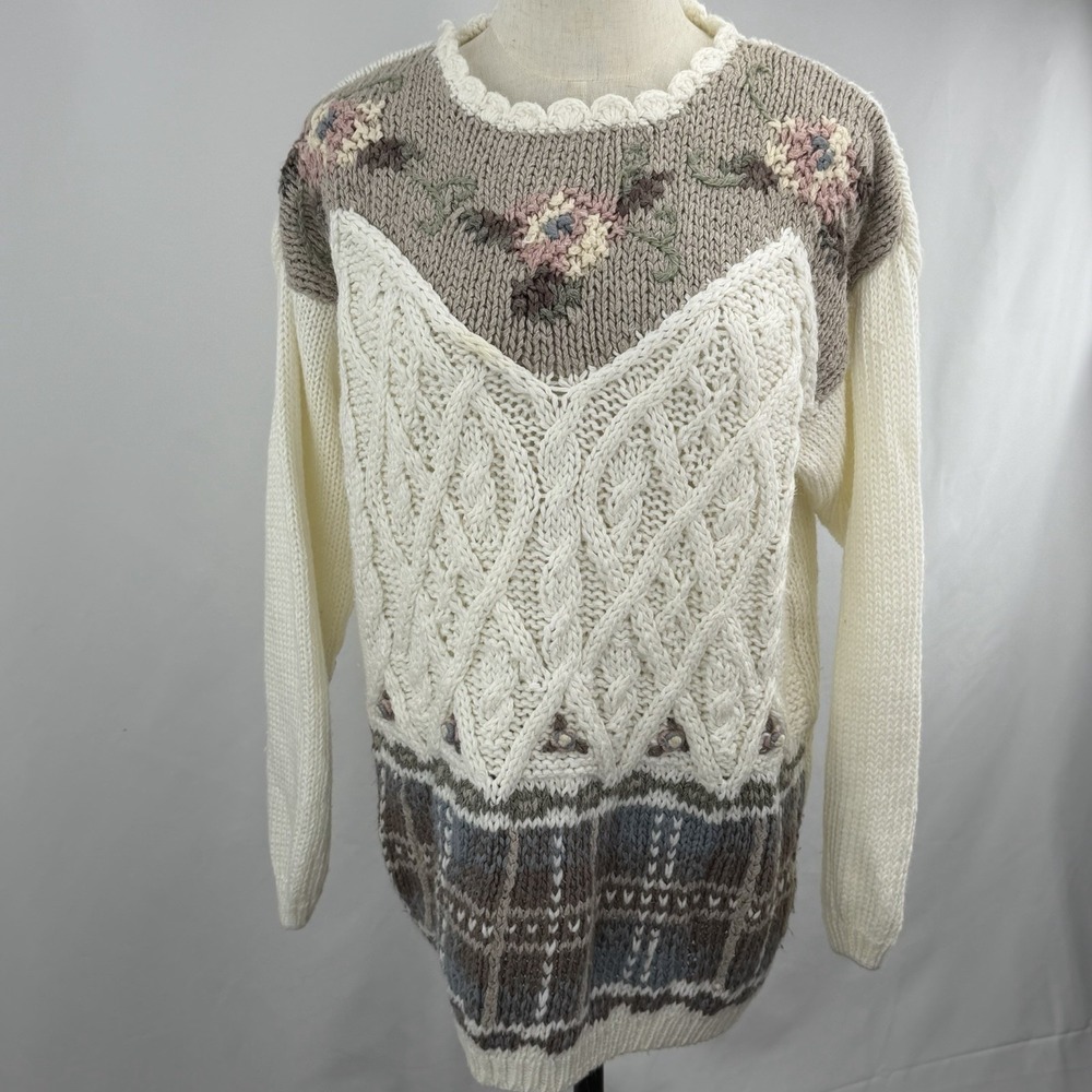 Vintage 80s Shenanigans Hand Knit Sweater Floral Cottagecore Chunky Knit